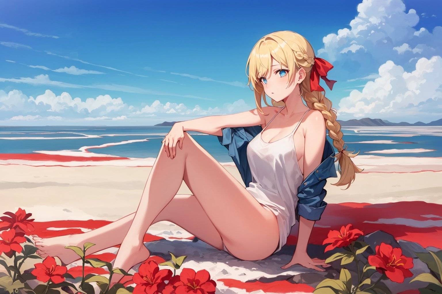 ((Botanical art salar de uyuni background)),
8k resolution, solo, 1 girl, blue sky,
blonde hair, odd eyes, hair ribbon, 
middle hair, hair braids, 
casual_exposure, 
red ribbon, mature female, 
(reddish:0.95), (full body:0.85),
(large breasts:0.58), 
(nsfw:0.66),



