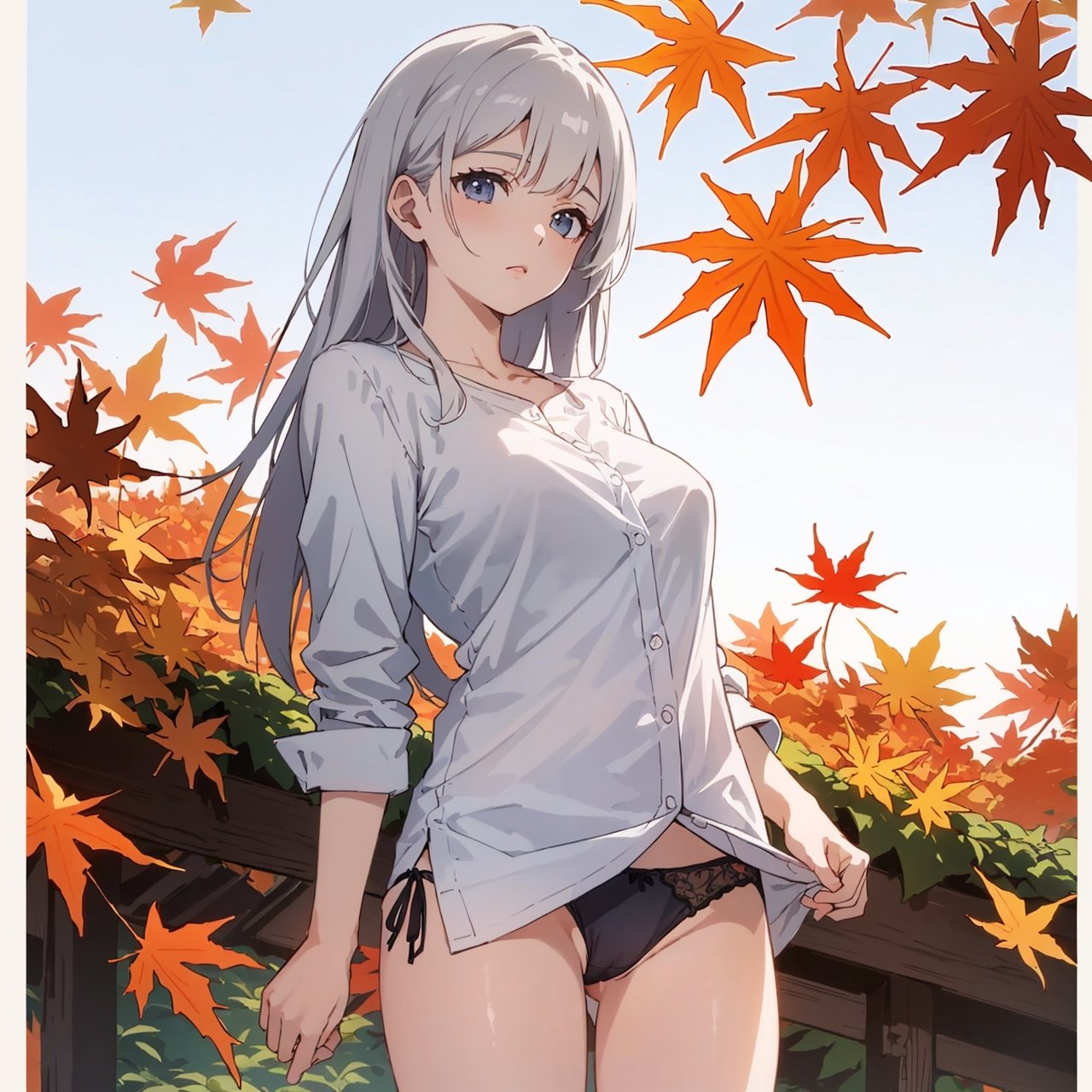 ((Botanical art lots of maple leaves background)),
8k resolution, realistic, anime screencap, 
petite, a cute girl, 
(large breasts:0.95), bangs, hair pulled back sidelocks, (pale hair), solo, 1 girl,
flowing hair, 
top casual shirt,
(pussy net panties:1.01),
(breasts visible:1.13),
(pussy visible:0.91),
(nsfw:0.87), 
