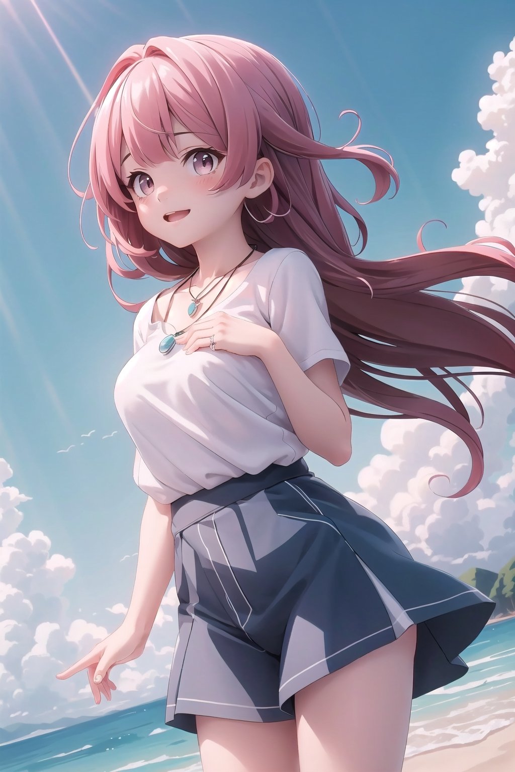 realistic, anime screencap, view straight on, standing, petite, a cute girl, (large breasts:0.95), bangs, hair pulled back, floating hair, sidelocks, pale red hair, flowing hair, bright skin, ribbon, necklace, ring, white shirt, collarbones, outdoors, blue sky, 8k resolution, 21 old,
(bra:0.95), (smile:0.65),
hand, fingers