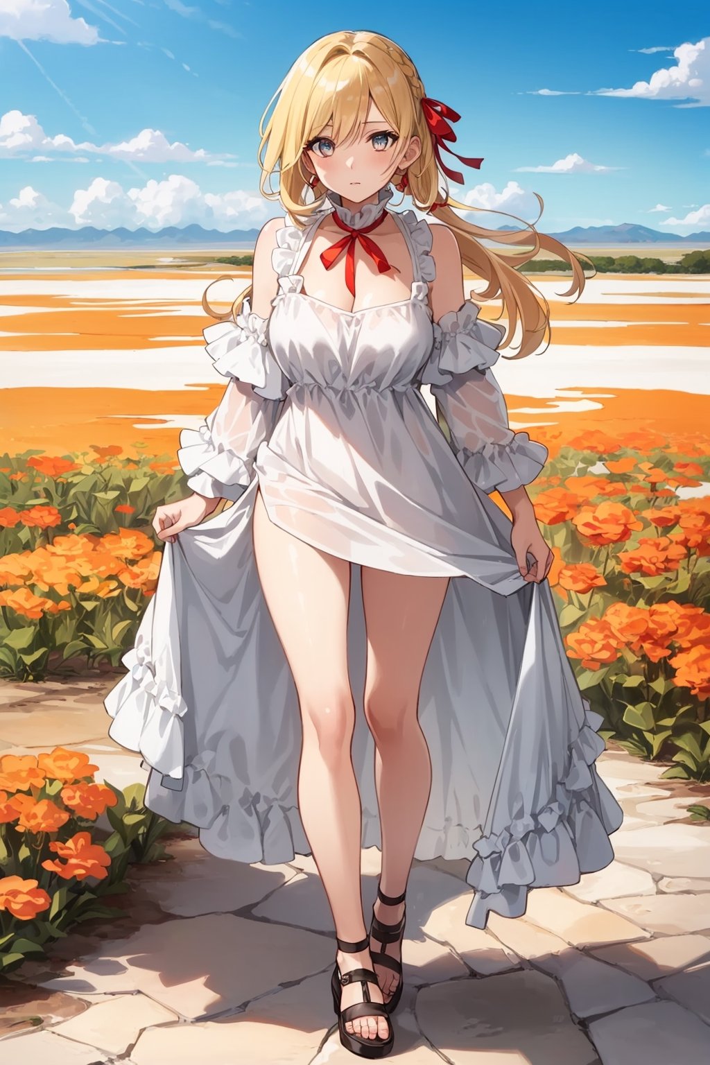 ((Botanical art salar de uyuni background)),
8k resolution, solo, 1 girl,

blonde hair, odd eyes, hair ribbon, 
middle hair, hair braids, 
casual_exposure, 
red ribbon, mature female, 
(reddish:0.95), (full body:0.85),
(large breasts:0.58), 
(nsfw:0.66),



