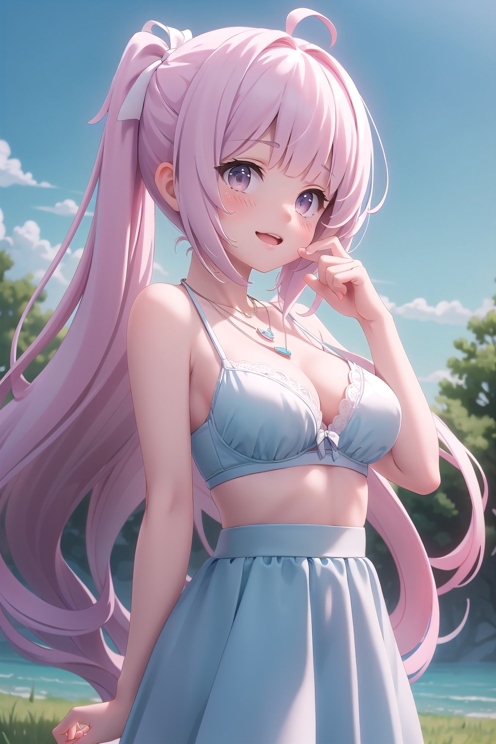 realistic, anime screencap, view straight on, standing, petite, a cute girl, (large breasts:0.95), bangs, hair pulled back, floating hair, sidelocks, pale red hair, flowing hair, bright skin, ribbon, necklace, ring, white shirt, collarbones, outdoors, blue sky, 8k resolution, 21 old,
(bra:0.98), (smile:0.65),
hand, fingers