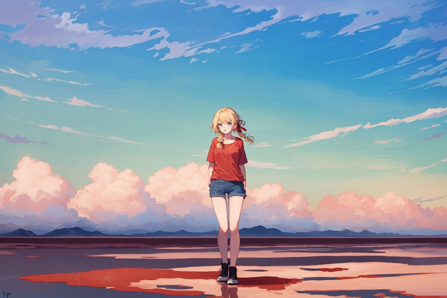 ((Botanical art salar de uyuni background)),
8k resolution, solo, 1 girl, blue sky,
blonde hair, odd eyes, hair ribbon, 
middle hair, hair braids, standing, 
casual_exposure,
red ribbon, mature female, 
(reddish:0.95), (full body:0.99),
(large breasts:0.58), 
(nsfw:0.66),



