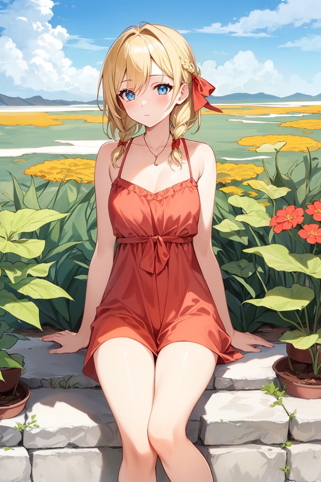 ((Botanical art salar de uyuni background)),
8k resolution, solo, 1 girl, blue sky,
blonde hair, odd eyes, hair ribbon, 
middle hair, hair braids, 
casual_exposure, 
red ribbon, mature female, 
(reddish:0.95), (full body:0.85),
(large breasts:0.58), 
(nsfw:0.66),



