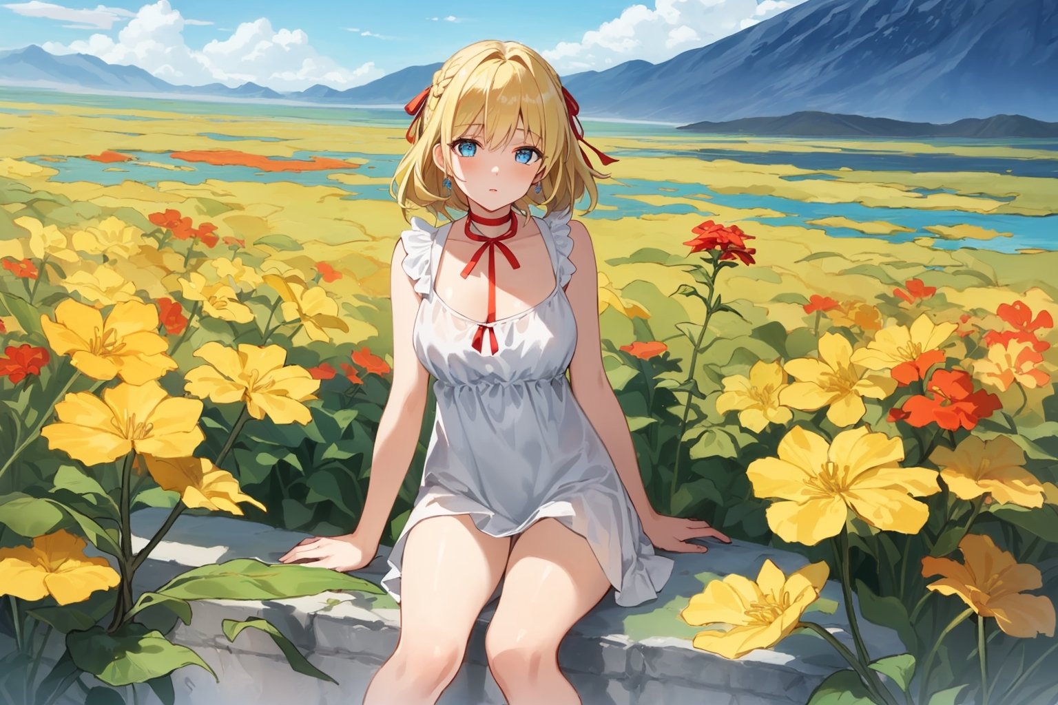 ((Botanical art salar de uyuni background)),
8k resolution, solo, 1 girl, blue sky,
blonde hair, odd eyes, hair ribbon, 
middle hair, hair braids, 
casual_exposure, 
red ribbon, mature female, 
(reddish:0.95), (full body:0.87),
(large breasts:0.58), 
(nsfw:0.66),



