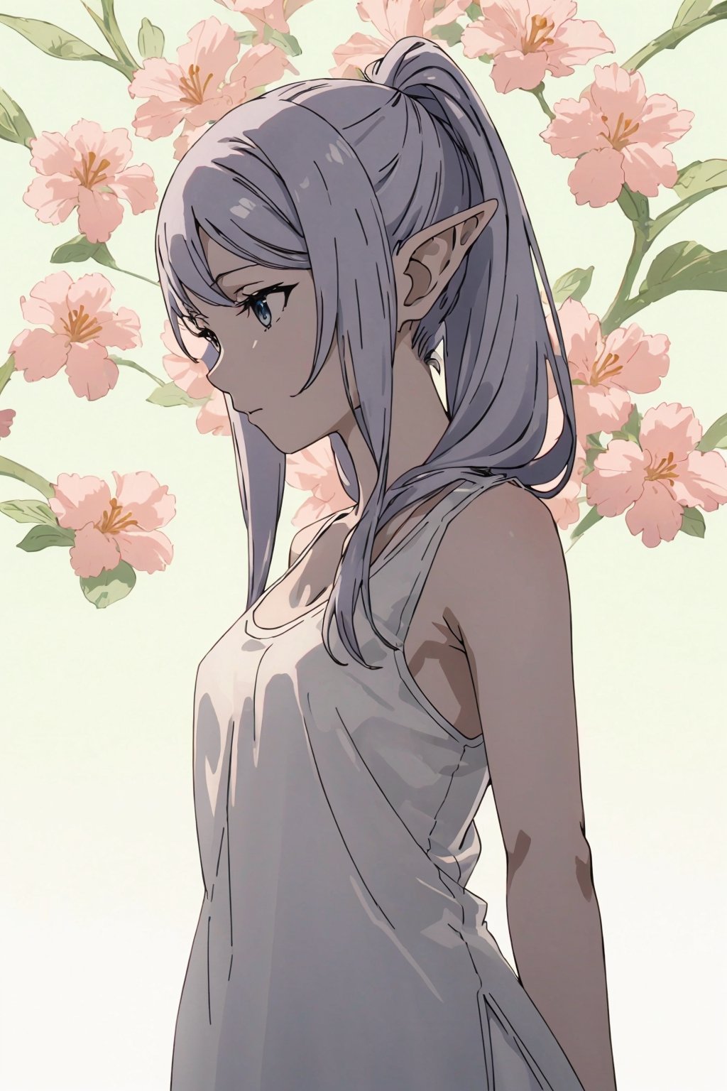 ((Botanical art bedroom background)),
8k resolution, realistic, anime screencap, 
 a cute girl, 
(large breasts:0.85), bangs, hair pulled back sidelocks, (pale hair), solo, 1 girl,
flowing hair, elf ear, 
(short tank top:1.06),
(see through:1.21),
(nsfw:0.83), (full body:0.95),
perfect, hand, frieren,