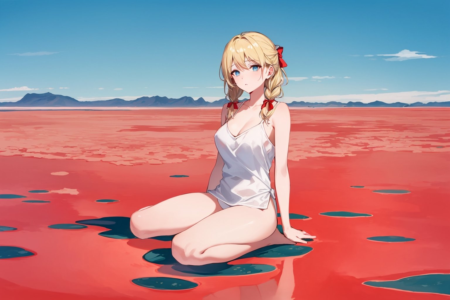 ((Botanical art salar de uyuni background)),
8k resolution, solo, 1 girl, blue sky,
blonde hair, odd eyes, hair ribbon, 
middle hair, hair braids, 
casual_exposure, 
red ribbon, mature female, 
(reddish:0.95), (full body:0.85),
(large breasts:0.58), 
(nsfw:0.66),



