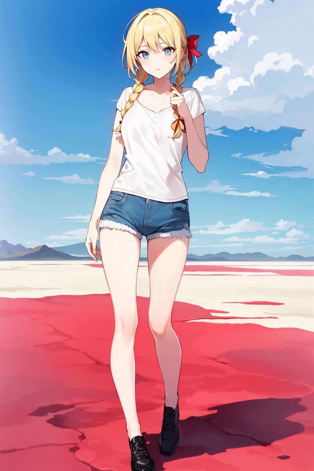 ((Botanical art salar de uyuni background)),
8k resolution, solo, 1 girl, blue sky,
blonde hair, odd eyes, hair ribbon, 
middle hair, hair braids, 
casual_exposure, 
red ribbon, mature female, 
(reddish:0.95), (full body:0.85),
(large breasts:0.58), 
(nsfw:0.66),



