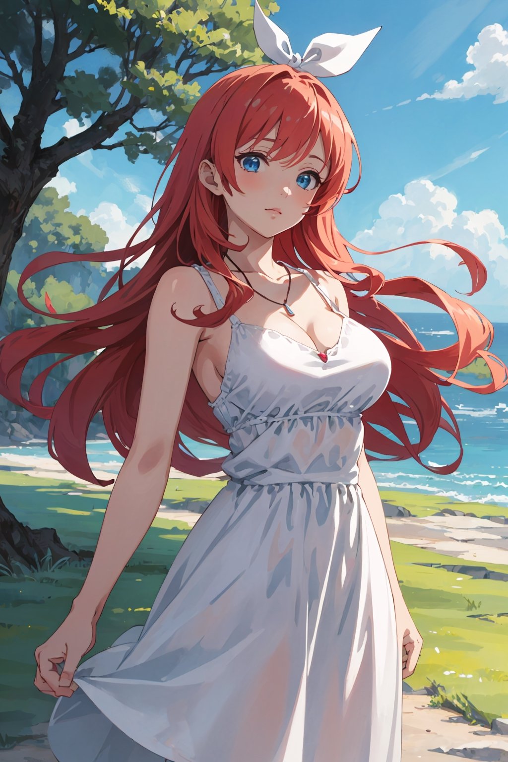 realistic, anime screencap, view straight on, standing, petite, a cute girl, (large breasts:1.25), bangs, hair pulled back, floating hair, sidelocks, pale red hair, flowing hair, bright skin, ribbon, necklace, ring, white shirt, collarbones, outdoors, blue sky, 8k resolution, 18 years old,
(bra:0.95), (smile:0.55),
hand, fingers, Kagamine Rin, Anime