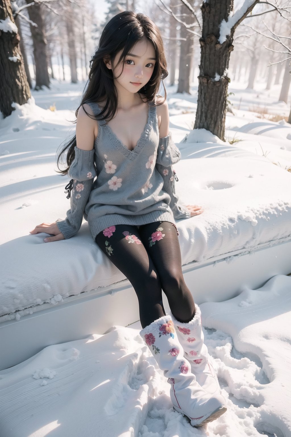 主： (foggy woods), ((Full body image)),
人：1litte 1kid 7yo gril (Child:1.2),
髮：(((medium-long hair))),
服：(((Low-cut collarless and sleeveless sweater with floral pattern))), ((lace sleeves)),(((Sheer sleeveless sweater))),(((black compression tights))),(((deep V low neckline))),(((snow boots))),