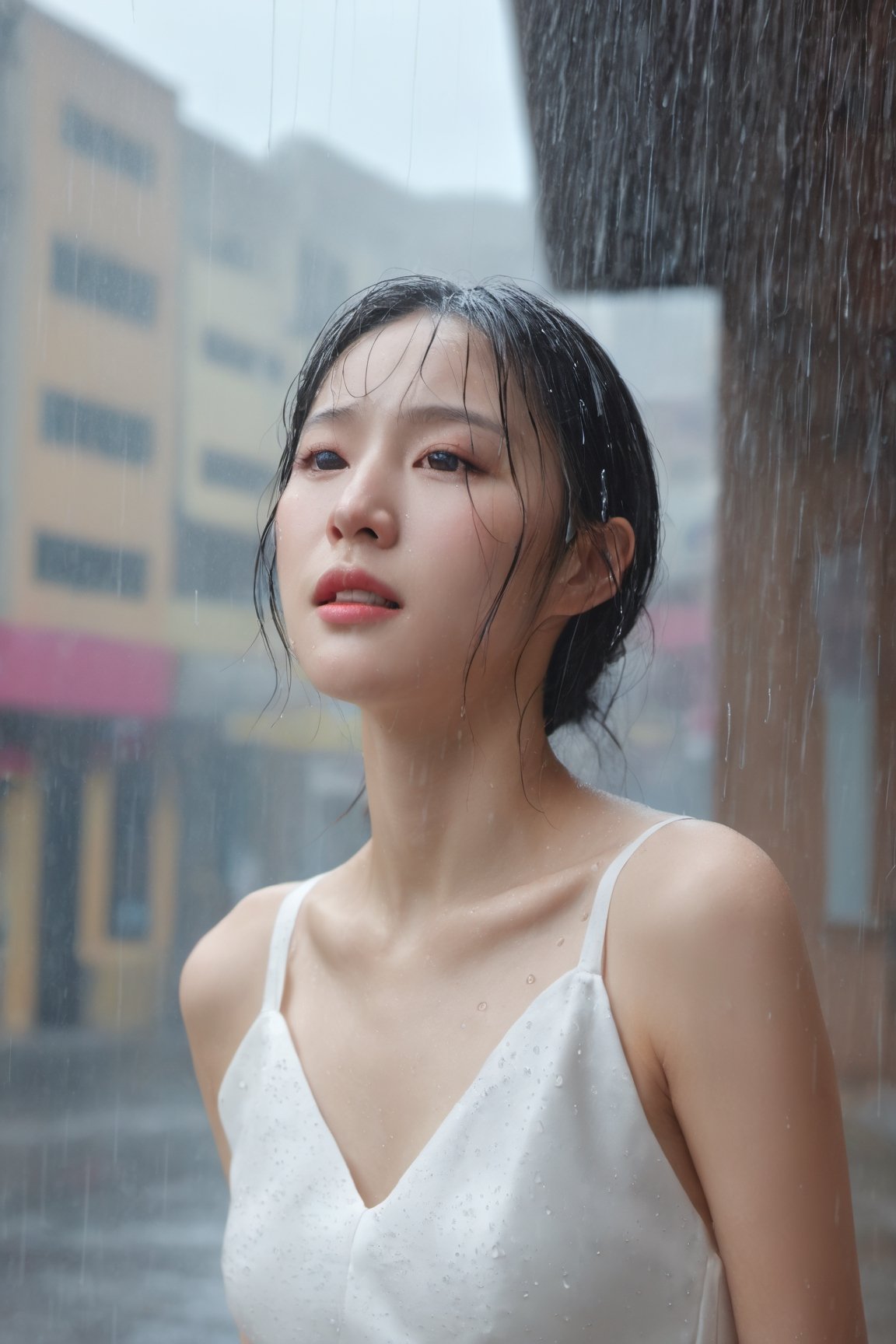 1 girl, xxmixgirl, cry, tear, (wet white dress), feeling sad, stands in the rain, see through, her tears mingling with the falling raindrops, masterpiece , best quality, detailed, Highest quality, portrait,FilmGirl,korean girl,make_3d