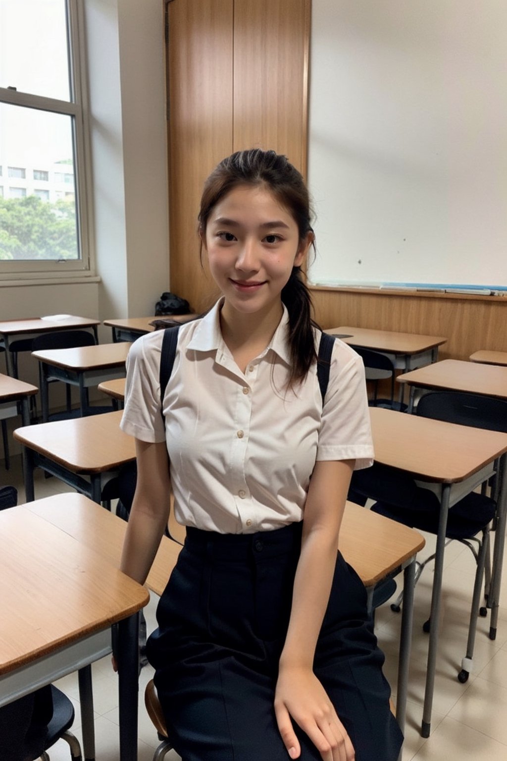 girl standing in school classroom,18-year-old,bangs,a little smiles,thighs,crotch,knees,short cut hair,ponytail,from below,acjc