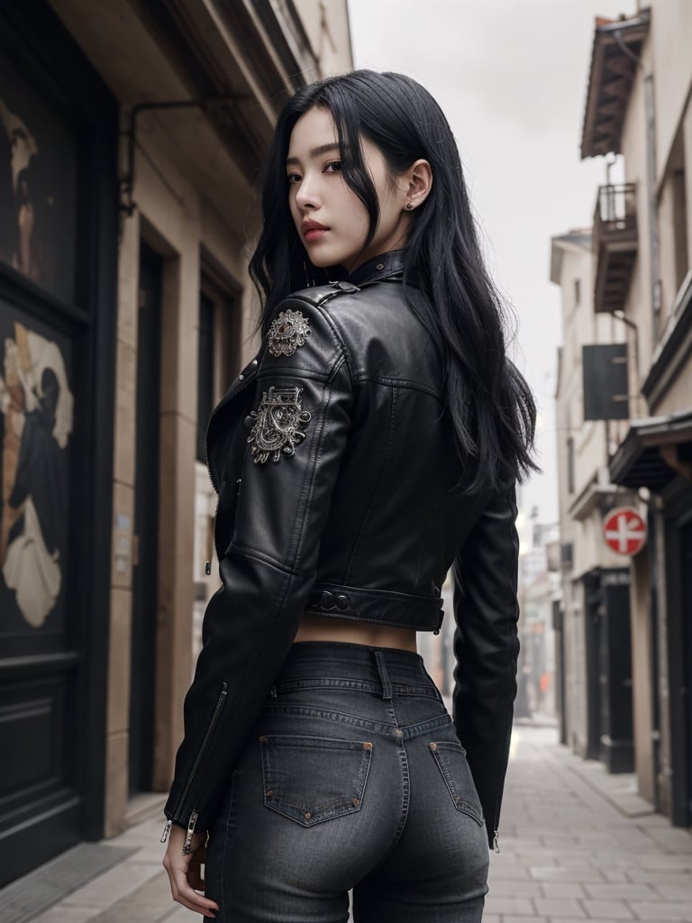 ((masterpiece), (best quality), (highly detailed)), Posing from behind is a beautiful woman with long black hair, wearing a black leather jacket and jeans. She exudes a sexy and confident aura with her captivating appearance. The scene is set in a cyberpunk style, with a focus on realistic details, particularly on the skin texture and the intricate design of the black leather jacket. The image is a close-up portrait, highlighting the woman's alluring features. ,FilmGirl,aw0k euphoric style,LinkGirl,korean girl,lun4,h4n3n,photo r3al,HZ Steampunk,xxmix_girl