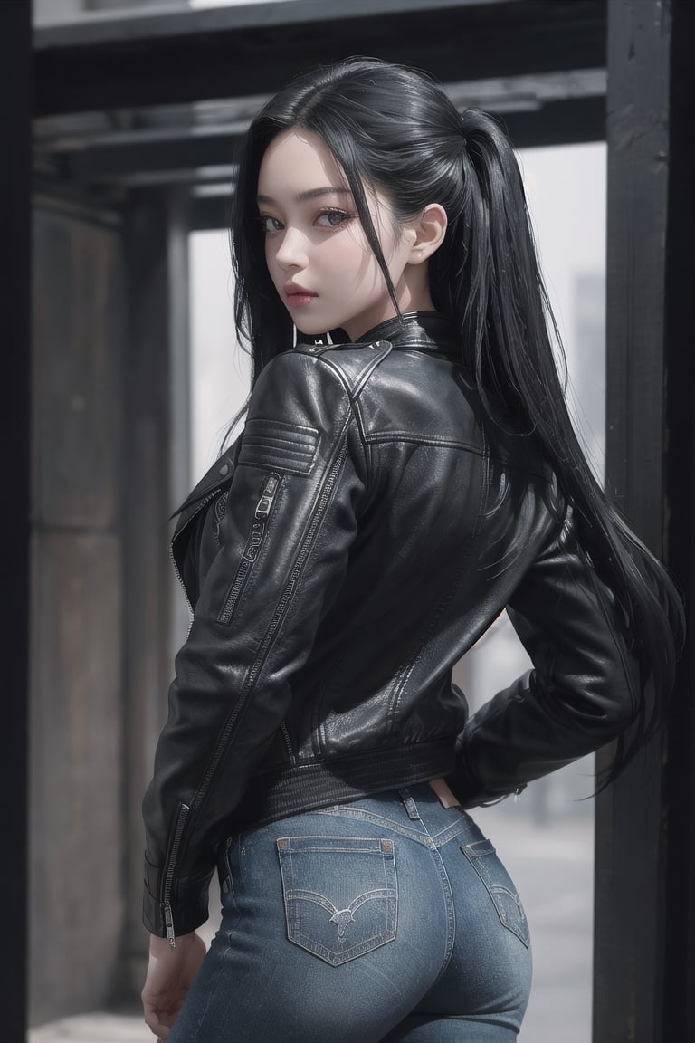 ((masterpiece), (best quality), (highly detailed)), Posing from behind is a beautiful woman with long black hair, wearing a black leather jacket and jeans. She exudes a sexy and confident aura with her captivating appearance. The scene is set in a cyberpunk style, with a focus on realistic details, particularly on the skin texture and the intricate design of the black leather jacket. The image is a close-up portrait, highlighting the woman's alluring features. ,FilmGirl,aw0k euphoric style,LinkGirl,korean girl,lun4,h4n3n,photo r3al,xxmix_girl