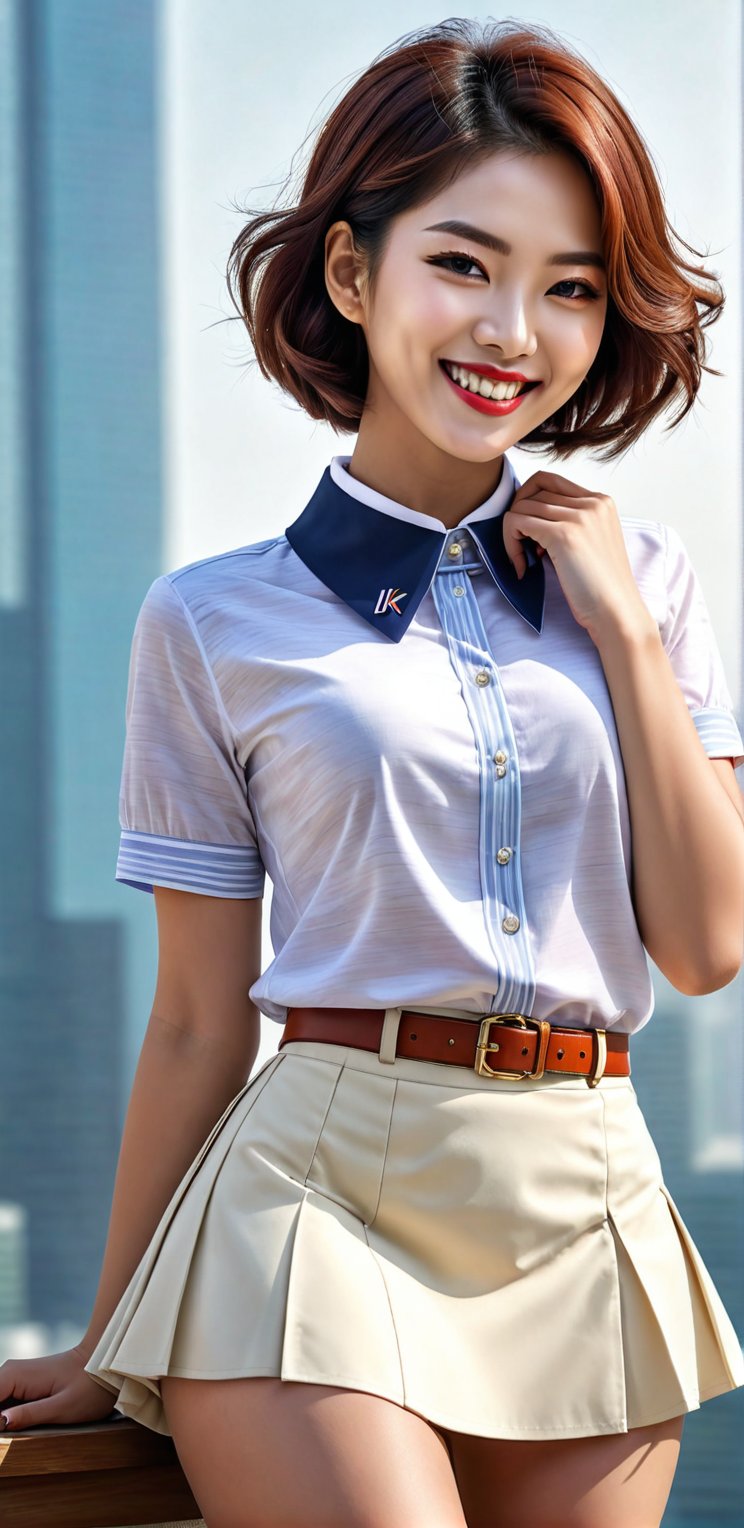 Image, highest quality, masterpiece, ultra-high definition, surreal illustration, natural proportions, Ultra HD, realistic and vivid colors, detailed UHD drawing, perfect composition, 8k, texture, breathtaking beauty, bright smile, pure perfection, unforgettable moved. , woman 1, fashion, pose, collar point logo blouse, skirt, Korean,