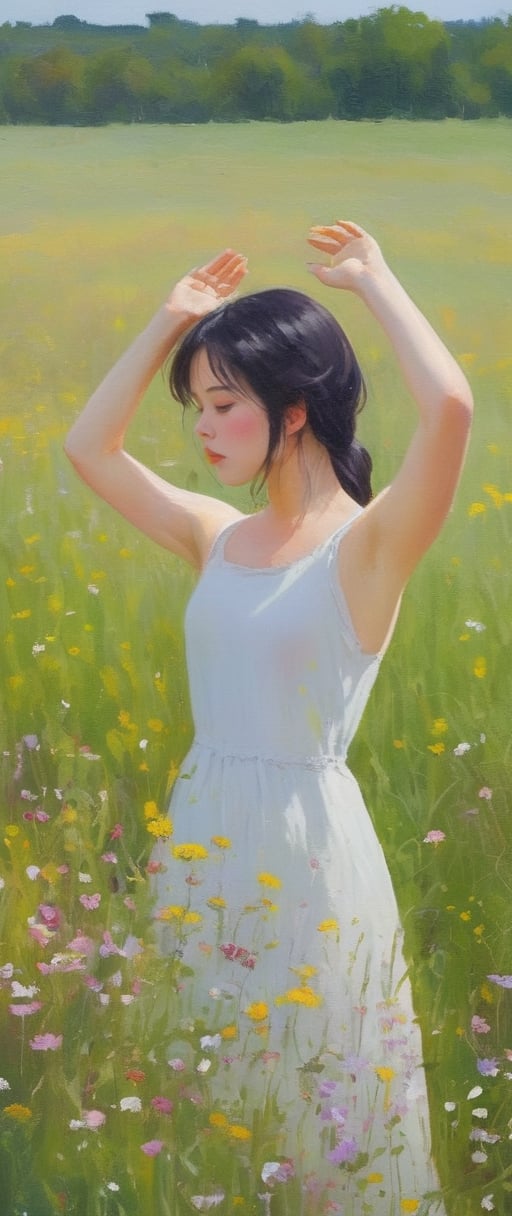 I am painting a girl in a one-piece dress, with her arms out to the side and her head up, taking a deep breath in a field covered with small wild flowers, acrylic painting.