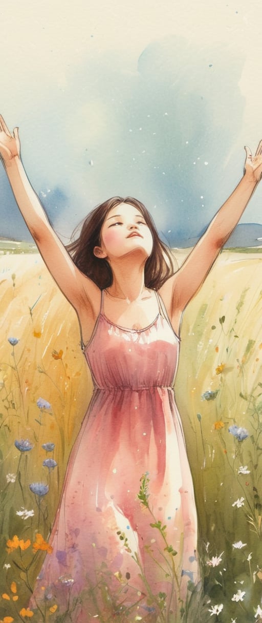 A girl in a one-piece dress, with her arms outstretched and her head raised, breathing deeply, in a field covered with small wild flowers, watercolor painting.