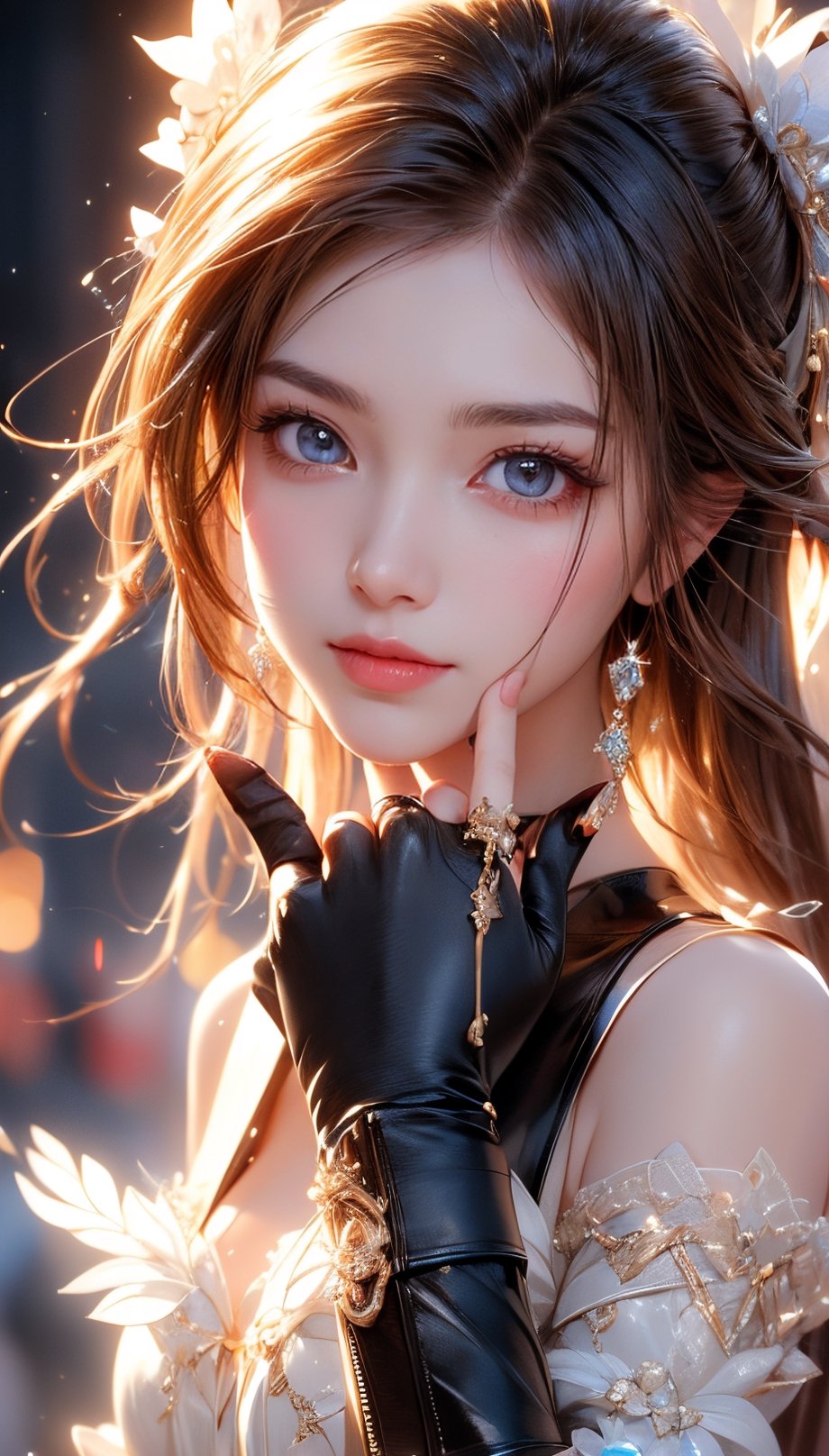 Beautiful and delicate light, (beautiful and delicate eyes), pale skin, big smile, (brown eyes), (yellow long hair), dreamy, medium chest, female 1, (front shot), Korean girl, bangs, soft expression, tall height , proud and elegant, smile, 8k art photo, realistic concept art, realistic, portrait photography, accessories, fantasy, jewelry, half body shot, sexy pose, black boots, black leather jacket, black leather pants,