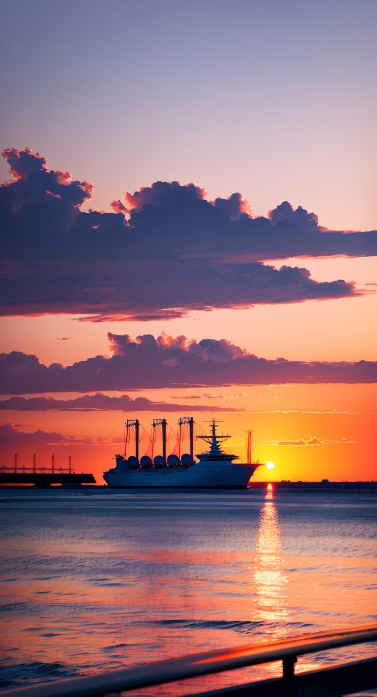 Scenery of the port city seen from the sea, sunset colored by the glow, sketch,