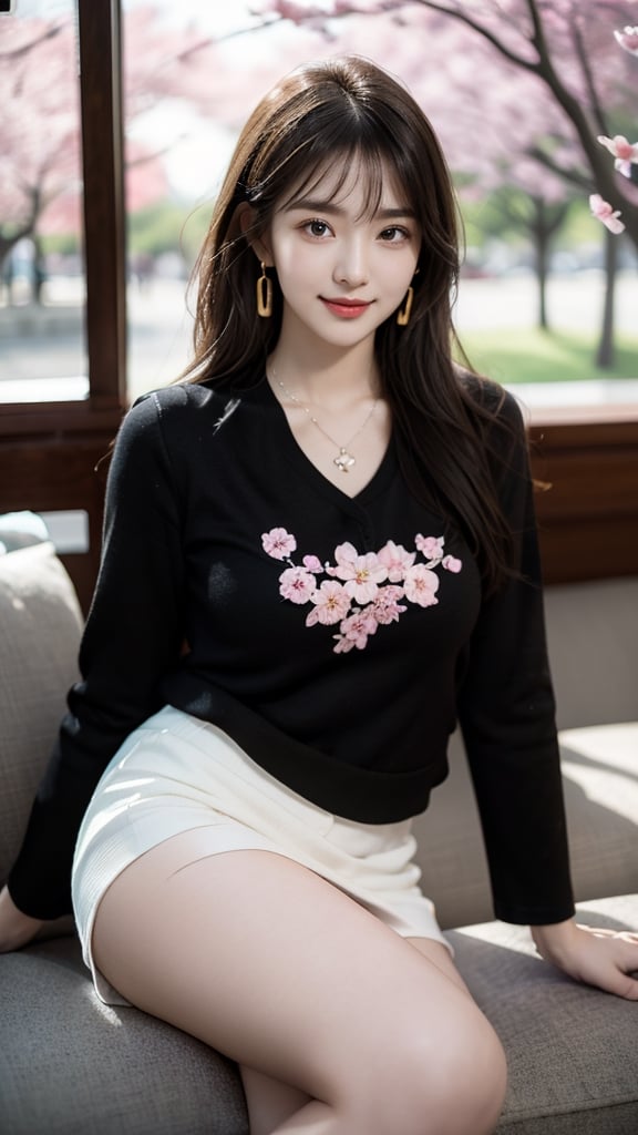 Beautiful and delicate light, (beautiful and delicate eyes), pale skin, big smile, (brown eyes), (black long hair), dreamy, medium chest, woman 1, (front shot), Korean girl, bangs, soft expression, height 170, elegance, bright smile, 8k art photo, realistic concept art, realistic, portrait, necklace, small earrings, handbag, fantasy, jewelry, shyness, skirt, t-shirt, short jacket, spring day with cherry blossoms in full bloom, neat attire,1 girl ,REALISTIC,Bomi,Asia,perfect,Detailedface,Daughter of Dragon God,beaded flower decoration,tight mini skirt,solo,Nice legs and hot body