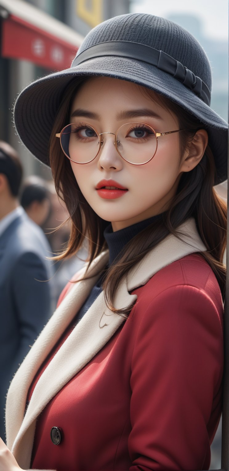 Image, highest quality, masterpiece, ultra-high definition, surreal illustration, natural proportions, Ultra HD, realistic and vivid colors, detailed UHD drawing, perfect composition, 8k, texture, breathtaking beauty, pure perfection, unforgettable emotion, Korea Woman 1, fashion, hat, glasses,