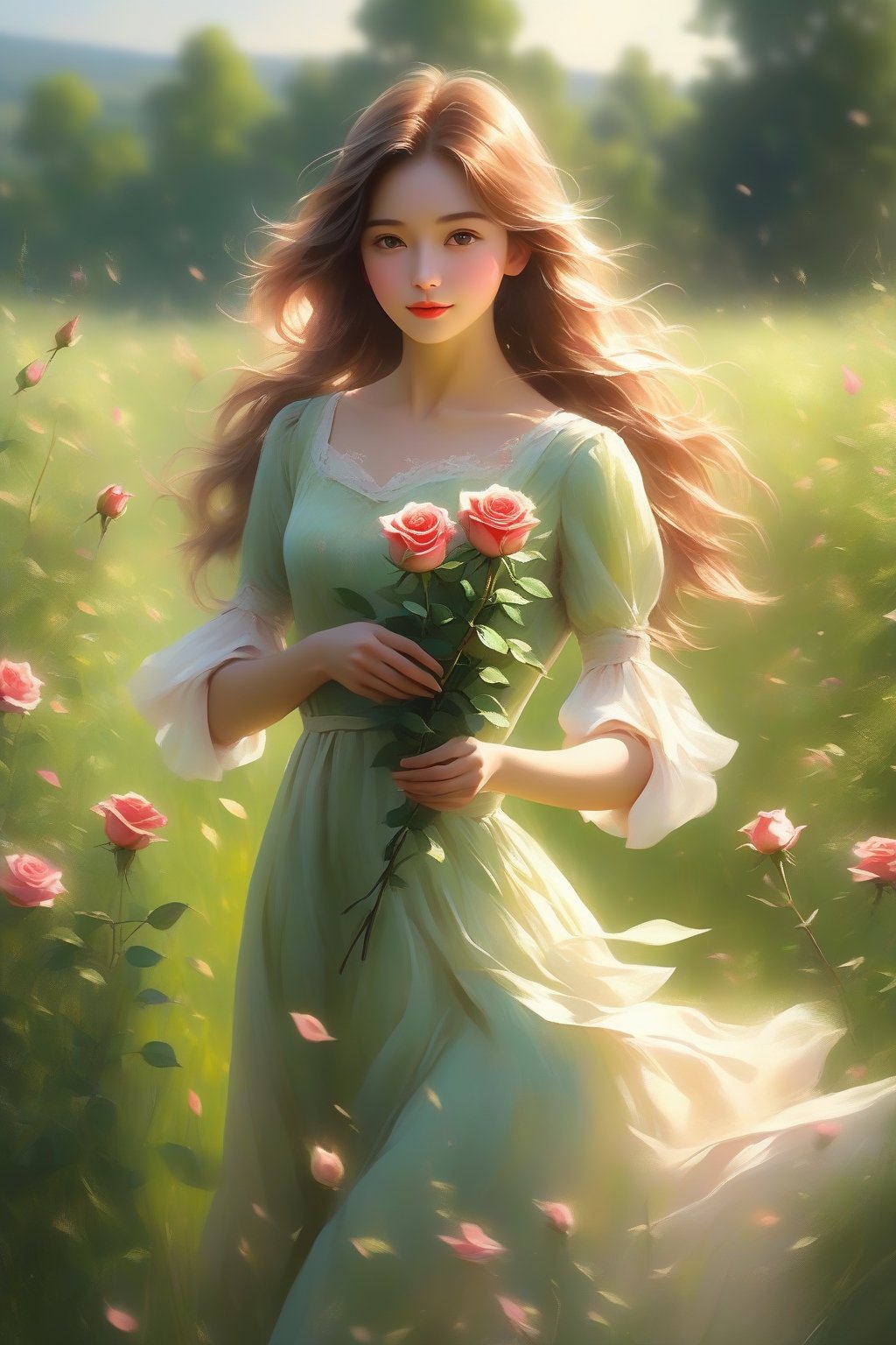 Oil painting, (girl holding a single rose), very delicate and soft lighting, details, Ultra HD, 8k, animated film, soft floral dress, walking through a meadow full of wide green grass,Beautiful girl 