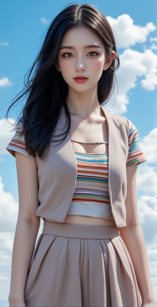 A beautiful and vivid portrait of a woman. She is wearing a striped T-shirt and a short vest on top and a pleated skirt on the bottom. Her lips are sexy with red lipstick. Her hair is black, and the background is the sky with clouds floating in the air. The entire work has a beautiful three-dimensional feeling.