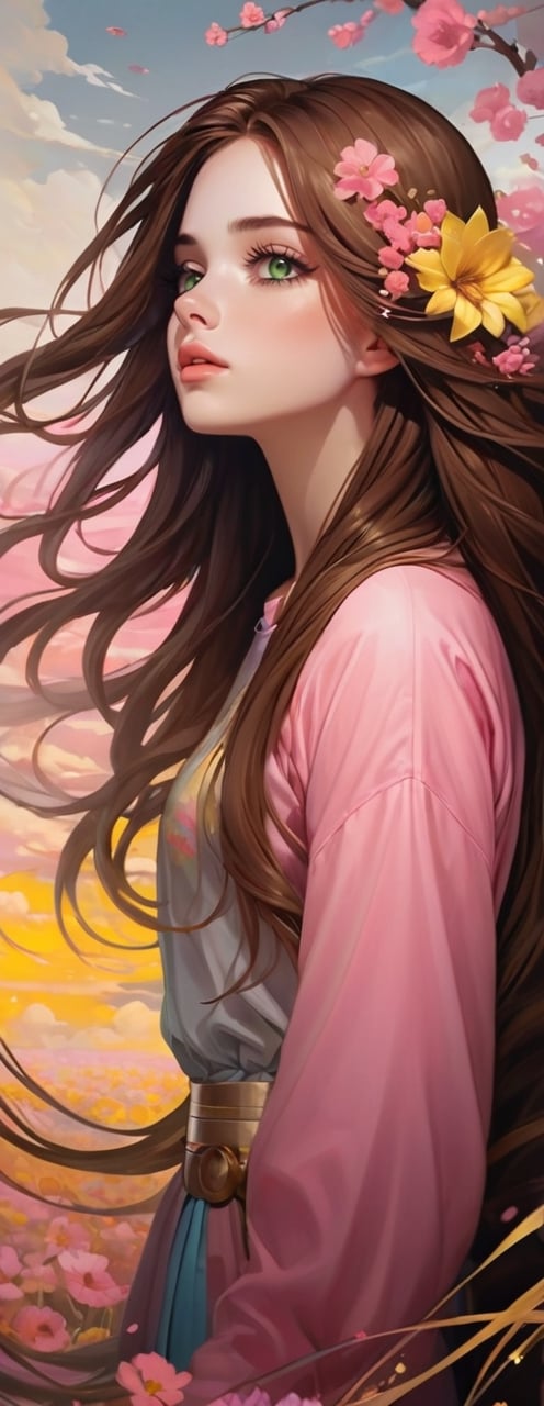 Masterpiece, top quality, highest quality, art, detail. 1 Girl, long brown hair, yellow and pink gradient, unclear border like fog, sad eyes staring into space, blurry, full body shot, beautiful, hair blowing in the wind,DonMM1y4XL,DonMW15pXL,Flower queen,sticker