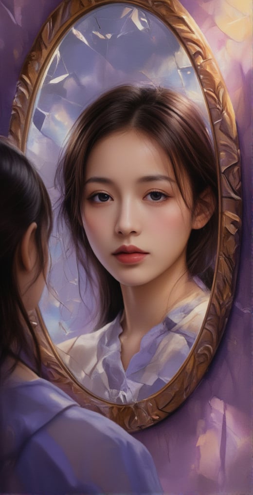 A girl's face reflected in a broken mirror, fantastic details, detailed brush strokes and oil painting, portrait style of a girl in deep thought. Gradients of purple and yellow, dreamy world,