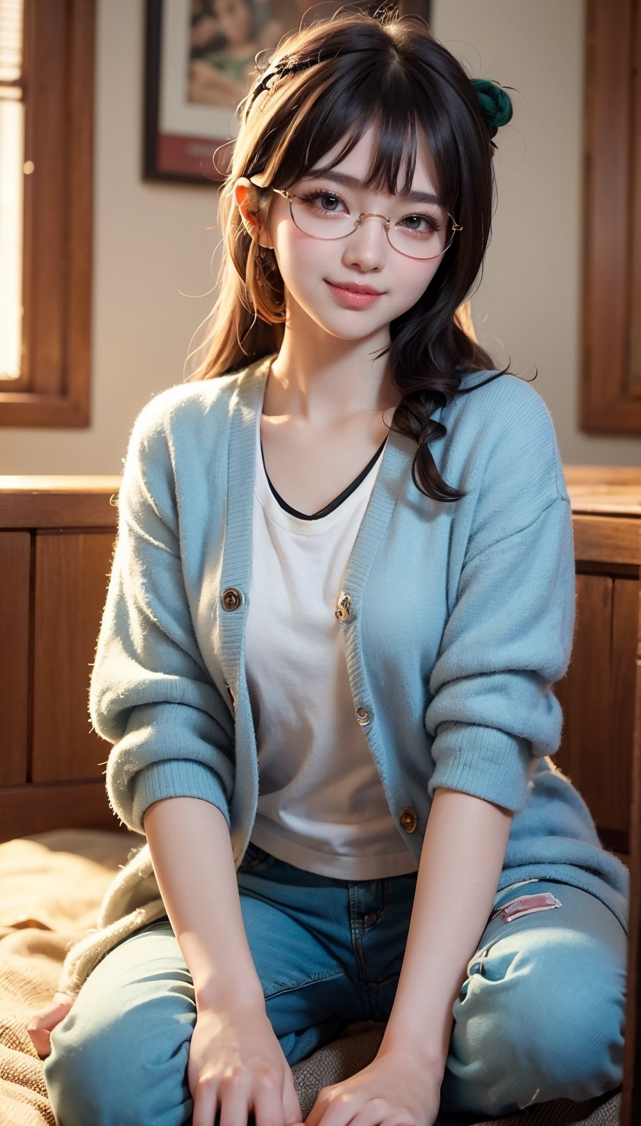 (((masterpiece))), top quality, illustration, (beautiful and delicate girl), beautiful and delicate light, (beautiful and delicate eyes), wide smile, black hair, messy hair, long bangs, hair between the eyes, ribbon, woman 1 , Korean, front shot, half body shot, pants, green cardigan, sneakers, headband, glasses, pigtails,