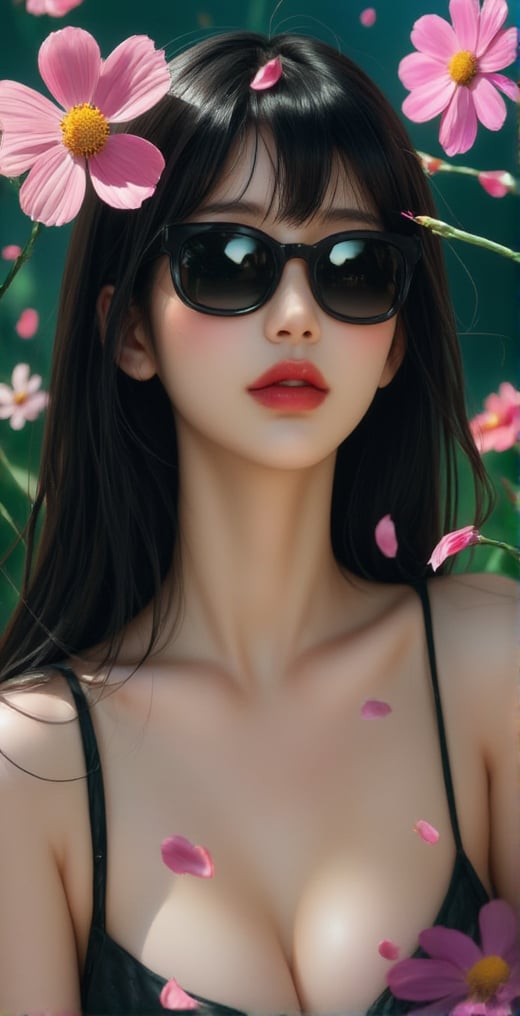 A vivid and lifelike portrait of a woman. She is wearing black sunglasses that cover her eyes, and her lips are sexy with red lipstick. She has black hair, the background is covered with green and blue gradients, and cosmos flowers and petals are floating in the air, and the whole work has a beautiful three-dimensional feeling.