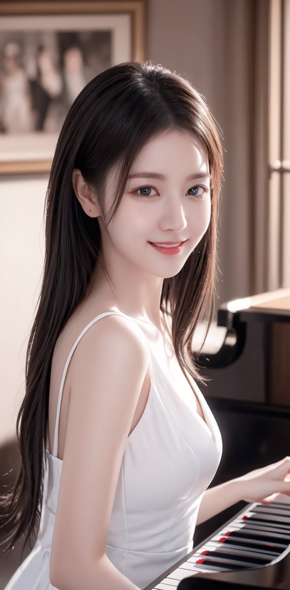 Photography, (Highest Quality, Masterpiece: 1.2), 8K, HDR, Photorealism, (Film Framing: 1.3), (Vivid Colors: 1.2), Fine Detail & Textures, Masterpiece, Highest Quality, Super Detail, Charming Smile, Perfect Hands , medium chest, detailed face, Korean woman, dark hair, frontal shot, (playing the piano), (beautiful living room),