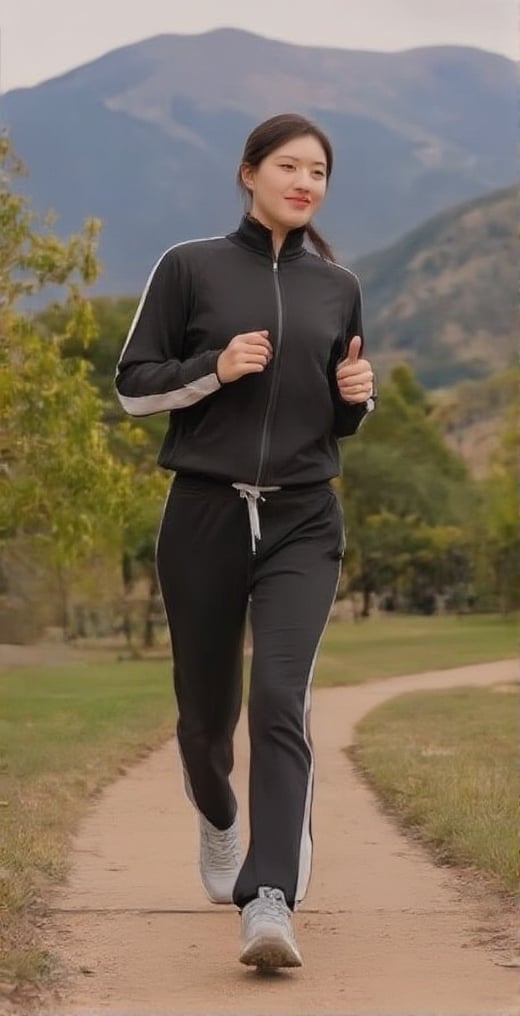 A beautiful and vivid portrait of a woman. She is jogging in her tracksuit. Her smiling lips are sexy with red lipstick. Her hair is black and the background is a park with a beautiful mountain view. The entire piece has a beautiful four-dimensional feel.