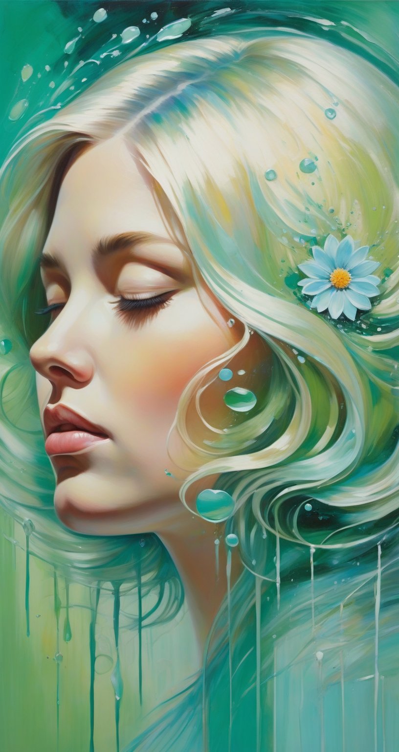 Painted in gorgeous colors, the blonde woman's hair becomes silvery and falls away from her head, and the large and small drops create a large circle. There is a small flower on her head. The abstract green background and fantastic gradations of light blue color add a sense of mystery, and the heavy, unstructured, thick brushstrokes beautifully express the woman's portrait.