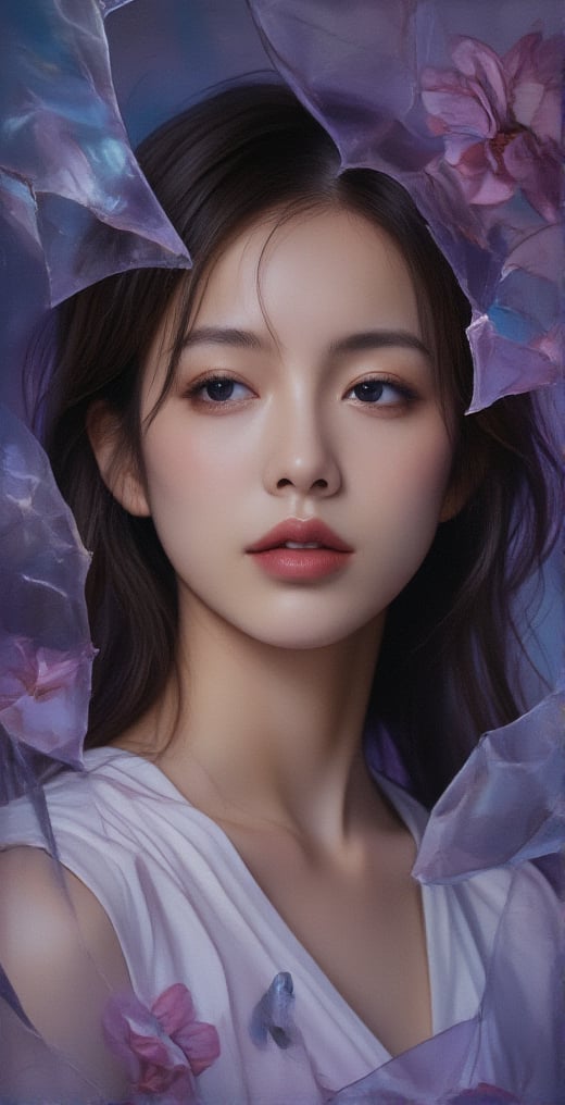 A girl's face reflected in a broken mirror, fantastic details, detailed brush strokes and oil painting, portrait style of a girl in deep thought. Gradients of purple and blue, dreamy world,