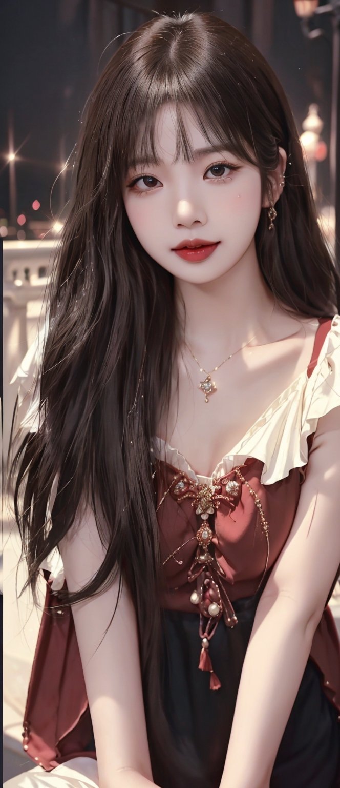 Beautiful and delicate light, (beautiful and delicate eyes), pale skin, big smile, (brown eyes), (long black black hair), dreamy, medium breasts, female 1, (front shot), Korean girl, bangs, soft expression, large Height, proud and elegant, smile, 8k art photo, realistic concept art, realistic, portrait photography, accessories, fantasy, jewelry, half body shot, sexy pose, training set, red outfit,chinatsumura,lisa,lisa blackpink,masterpiece