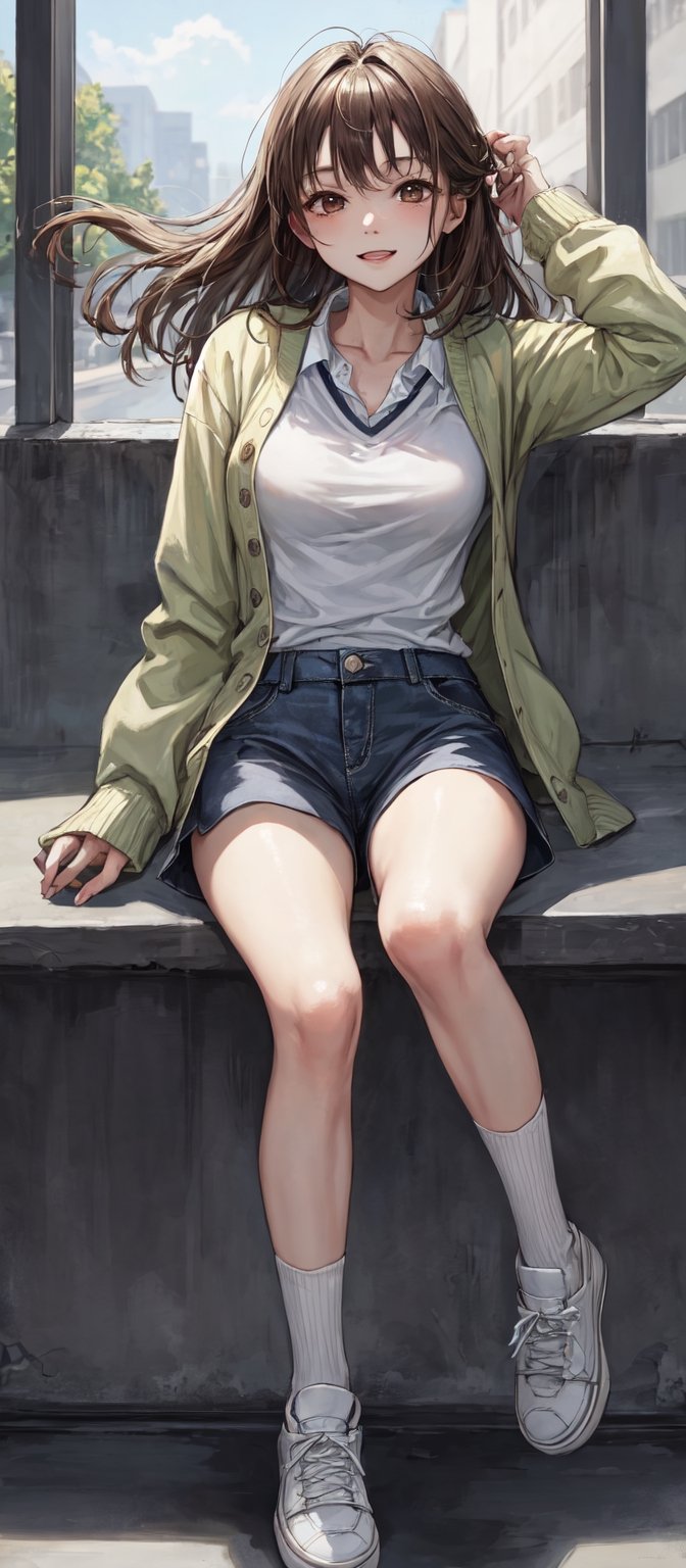Girl 1, ultra high definition, wind blowing hair, brown eyes, brown hair, delicate facial features, eye smile, {{{masterpiece}}}, {{highest quality}}, high resolution, high detail, natural movements everyday life, idol style Outfit, light green horizontal striped collar T-shirt, shoes, shorts, summer cardigan,