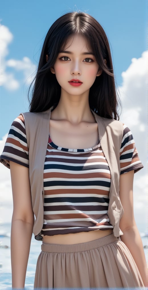 A beautiful and vivid portrait of a woman. She is wearing a striped T-shirt and a short vest on top and a pleated skirt on the bottom. Her lips are sexy with red lipstick. Her hair is black, and the background is the sky with clouds floating in the air. The entire work has a beautiful three-dimensional feeling.