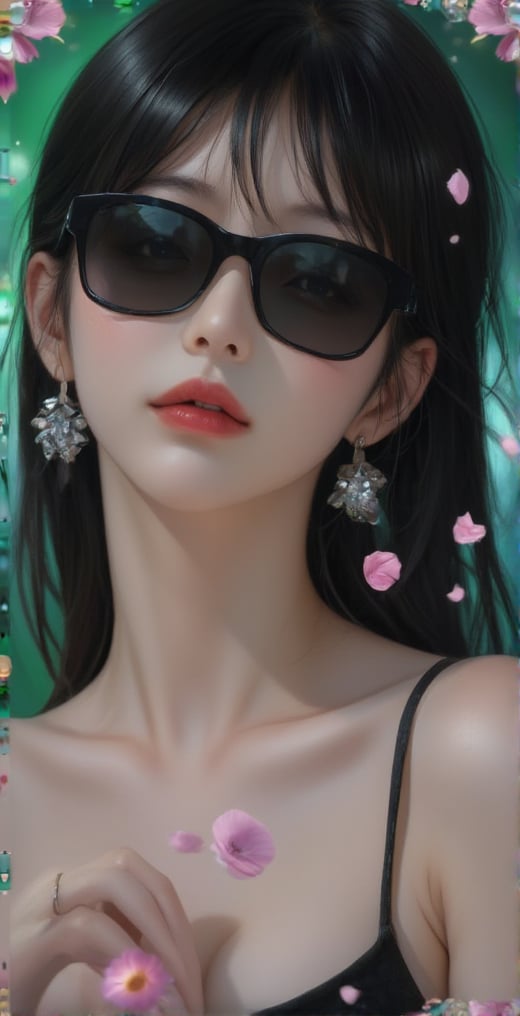 A vivid and lifelike portrait of a woman. She is wearing black sunglasses that cover her eyes, and her lips are sexy with red lipstick. She has black hair, the background is covered with green and blue gradients, and cosmos flowers and petals are floating in the air, and the whole work has a beautiful three-dimensional feeling.