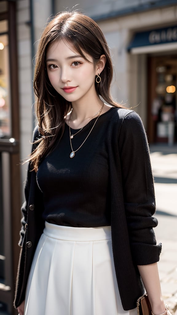 Beautiful and delicate light, (beautiful and delicate eyes), pale skin, big smile, (brown eyes), (black long hair), dreamy, medium chest, woman 1, (front shot), Korean girl, bangs, soft expression, height 170, elegant, big smile, 8k art photo, realistic concept art, realistic, portrait, necklace, small earrings, handbag, fantasy, jewelry, pigtail, skirt, various tops, (red), horizontal stripes pattern, jacket , t-shirt, half body shot, Sibari, Elbre, Clair, Béziers, André, Fromage, Rapinoe, Lila, Annier, Zien, Lieri, Merton, Boluna, Lié,Ava