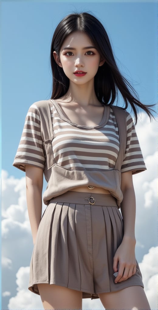 A beautiful and vivid portrait of a woman. She is wearing a striped T-shirt and a short vest on top and a pleated skirt on the bottom. Her lips are sexy with red lipstick. Her hair is black, and the background is the sky with clouds floating in the air. The entire work has a beautiful three-dimensional feeling.