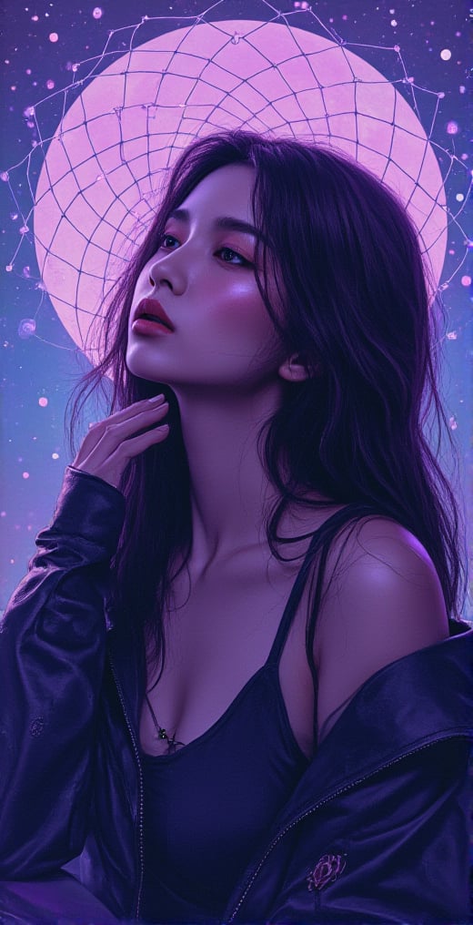 Dreamcatcher is a vivid and vivid neo-pop illustration, nightcore, fantasy details, detailed brush strokes and oil painting, portrait style of a girl in deep thought. Gradients of purple and blue, dreamy world,