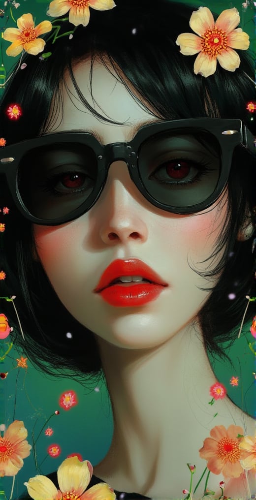 A vivid and lifelike portrait of a woman. She is wearing black sunglasses that cover her eyes, and her lips are sexy with red lipstick. She has black hair, the background is covered with green and blue gradients, and cosmos flowers and petals are floating in the air, and the whole work has a beautiful three-dimensional feeling.