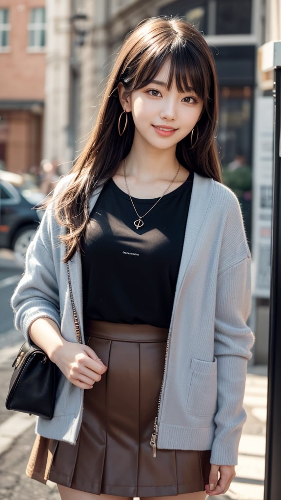 Beautiful and delicate light, (beautiful and delicate eyes), pale skin, big smile, (brown eyes), (black long hair), dreamy, medium chest, woman 1, (front shot), Korean girl, bangs, soft expression, height 170, elegant, big smile, 8k art photo, realistic concept art, realistic, portrait, necklace, small earrings, handbag, fantasy, jewelry, pigtail, skirt, various tops, (red), horizontal stripes pattern, jacket , t-shirt, half body shot, shibari,