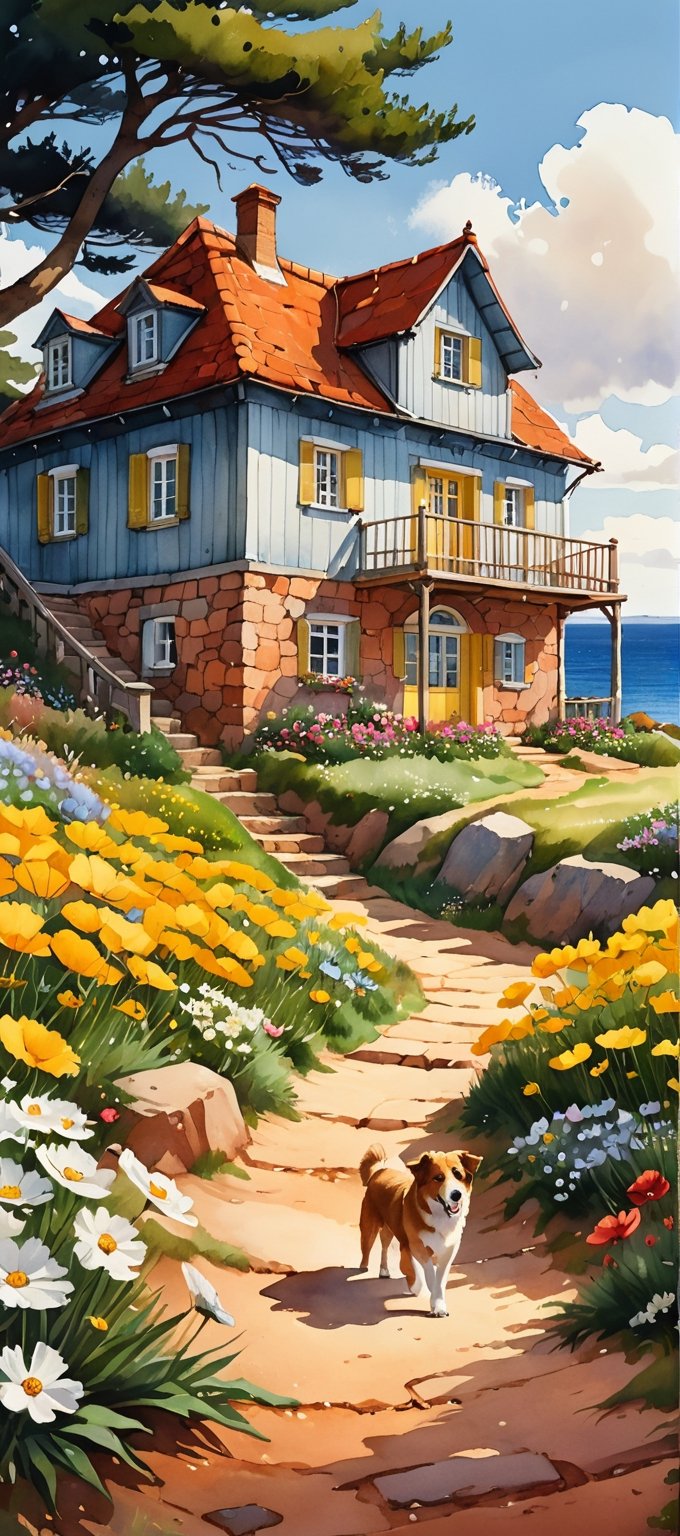 Beautiful house in a tranquil and idyllic watercolor seaside village, a large house made of cozy red clay soil with a yellow door and open windows, pine trees and cosmos blooming along the road, next to a stone path, uneven stepping stones lead up to the house, a dog A girl is sleeping face down in front of the door. Small waves crash against the sea shore. A girl is playing with her dog.