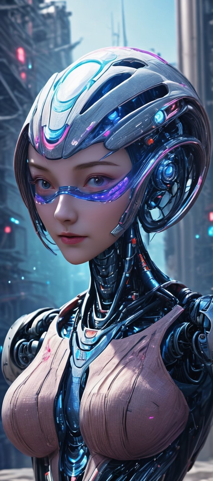 A new concept of futuristic robot suit in which human consciousness and robot body are perfectly integrated into one, a girl with a beautiful face, a city on a planet,