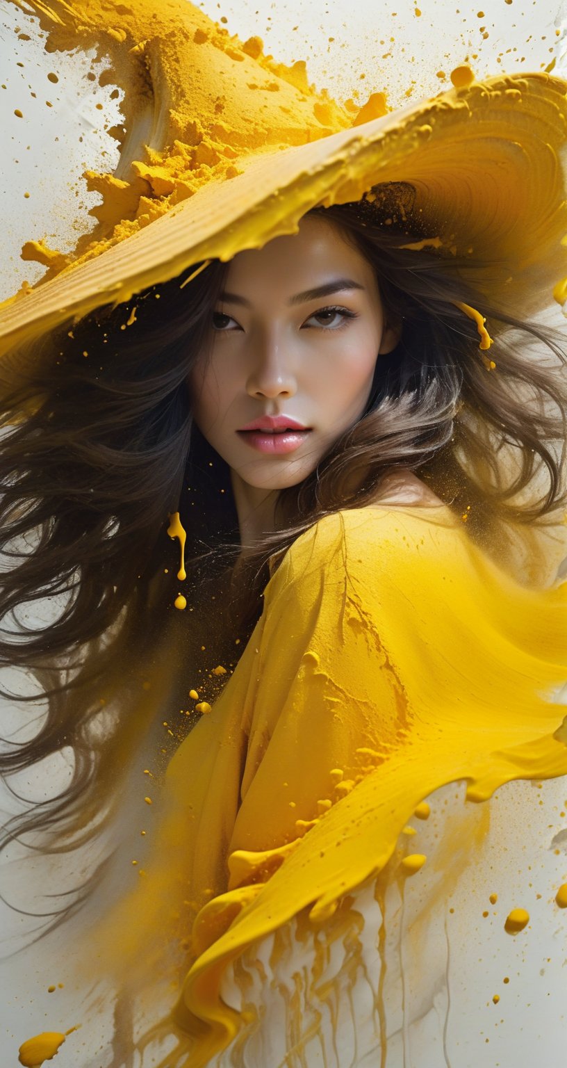 A woman wearing a wide-brimmed hat, gorgeous colors, the hair of the woman breaks into small pieces and turns into powder as it gets farther away from the head, the abstract white background and fantastic yellow color gradation adds mystery, the heavy and unstructured thick brush strokes beautifully express the portrait of the woman,