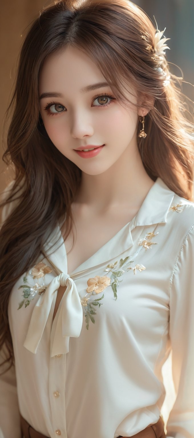 Beautiful soft light, (beautiful and delicate eyes), very detailed, pale skin, (long hair), dreamy, ((frontal shot)), full body shot, brown eyes, soft expression, bright smile, art photography, fantasy, shy, cute,soft image, masterpiece, ultra high resolution, colors, highly detailed, soft lighting, details, Ultra HD, 8k, highest quality, (pose), girl, real, wonder of art and beauty, illustration,
soft formal tie shirt,hubg_mecha_girl