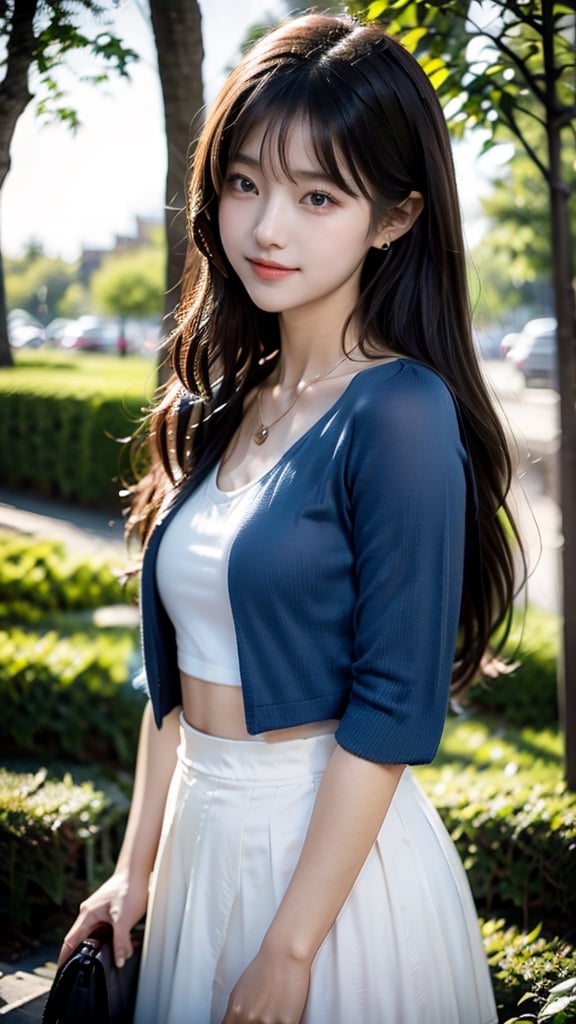 Beautiful and delicate light, (beautiful and delicate eyes), pale skin, big smile, (brown eyes), (black long hair), dreamy, medium chest, woman 1, (front shot), Korean girl, bangs, soft expression, height 170, elegance, bright smile, 8k art photo, photorealistic concept art, realistic, portrait, necklace, small earrings, handbag, fantasy, jewelry, shyness, light blue striped t-shirt, jacket, skirt, no sleeves,