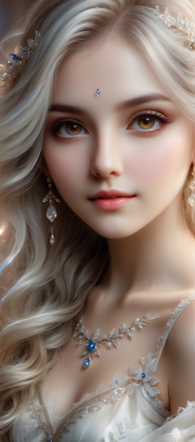 Beautiful soft light, (beautiful and delicate eyes), very detailed, pale skin, (long hair), dreamy, ((front shot)), brown eyes, soft expression, bright smile, art photography, fantasy, jewelry, shy, soft Image, masterpiece, ultra-high resolution, color, very detailed and soft lighting, details, Ultra HD, 8k, highest quality, (pose),girl ,real,Wonder of Art and Beauty,Illustration,DonMB4nsh33XL 