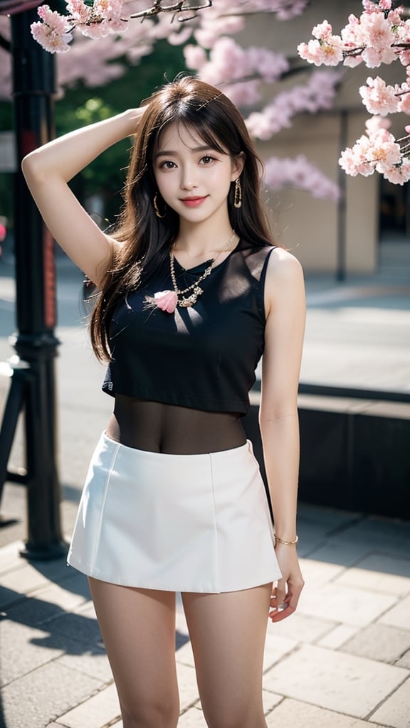 Beautiful and delicate light, (beautiful and delicate eyes), pale skin, big smile, (brown eyes), (black long hair), dreamy, medium chest, woman 1, (front shot), Korean girl, bangs, soft expression, height 170, elegance, bright smile, 8k art photo, realistic concept art, realistic, portrait, necklace, small earrings, handbag, fantasy, jewelry, shyness, skirt, t-shirt, short jacket, spring day with cherry blossoms in full bloom, neat attire,1 girl ,REALISTIC,Bomi,Asia,perfect,Detailedface,Daughter of Dragon God,beaded flower decoration,tight mini skirt,solo,Nice legs and hot body